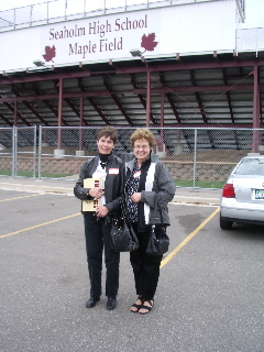 Karel Howse and Barbara Falconer Newhall in Seaholm High School parking lot, Birmingham, Michigan. Photo by BF Newhall