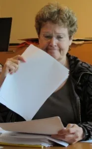 Barbara Falconer Newhall at her home office desk getting ready to do final edits on her book, "Wrestling with God." Photo by Barbara Newhall