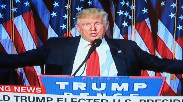 Donald Trump victorious on cable TV. I'm going to stop bad-mouthing Donald Trump. Photo by Barbara Newhall