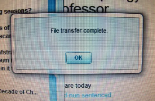 file-transfer-complete A computer monitor shows AOL email's "File transfer complete" window. Photo by BF Newhall