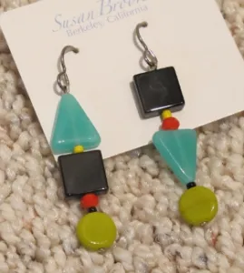 dangle-earrings-by-Susan-Brooks Black, green and aqua loop earrings made of beads by Berkeley artist Susan Brooks. Photo by BF Newhall