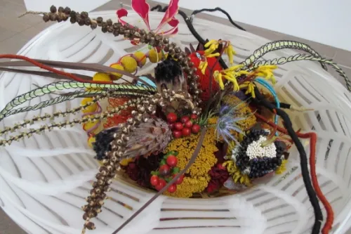 For Bouquets to Art at the de Young, Constance Oakson of the Empire of Flora, Los Altos, created a melange of textures for James Budd Dixon's"Untitled, 1947-1948." Photo by BF Newhall