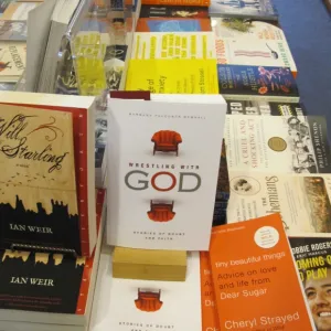 A Holiday gift for our times: Barbara Falconer Newhall's 'Wrestling with God' on display in a book store. photo by Barbara Newhall