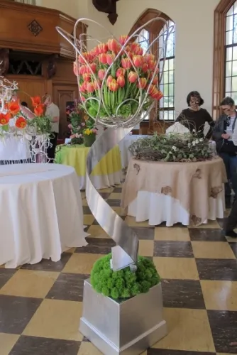 At the 2015 Mountain View Cemetery Tulip Exhibition, Oakland, CA, "Steel Tulip" by Nona Tai, Floral Design Studio, Fremont,. Photo by Barbara Newhall