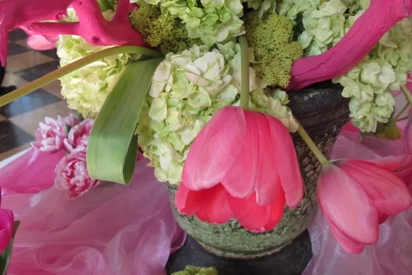 Detail 2 of "Pretty in Pink" by Valerie Lee and Robin Lee,  J. Miller Flowers, Oakland. Photo by Barbara Newhall