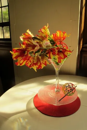"Happy Hour." a floral design for the Mountain View Cemetery 2015 Tulip Exhibition, Oakland, California. Design by Agnes Kang of the Piedmont Garden Club. Photo by Barbara Newhall