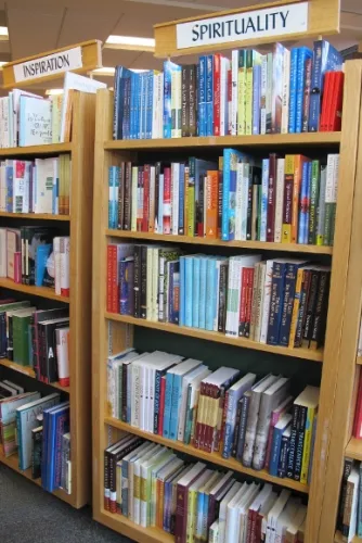 Barbara Falconer Newhall's book, "Wrestling with God," is shelved for her book launch in the spirituality section of the Book Passage book store in Marin county, California. Photo by Barbara Newhall