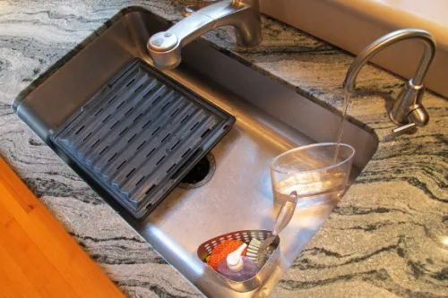A large stainless steel kitchen sink big enough to hold a broiler pan, cleaning tools and a vase being filled with water. Photo by BF Newhall
