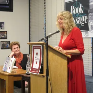 Barbara Falconer Newhall and Cerridwen Fallingstar read from Newhall's book "Wrestling with God" at Book Passage bookstore book launch. Photo by Jon Newhall