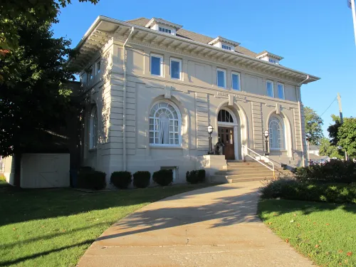 The Ludington, MIchigan, library -- the old facade seen from the main street. Barbara Falconer Newhall travels up and down Michigan's lower peninsula, visiting friends and family and putting on book events for "Wrestling with God." Photo by Barbara Newhall