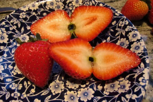 Huge strawberries look like strawberries on the outside, but whitish and pulpy inside. Photo by BF Newhall