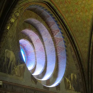 A round window, decorated with painted Magyar folk designs, Matthias Church, Budapest. Photo by Barbara Newhall