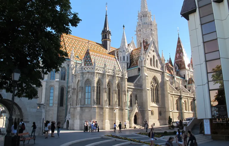 Budapest's Matthias Church is more than 700 years old. Its romanesque and gothic revival architecture stands in contrast to its interior paintings by two late 19th century Hungarians. Photo by Barbara Newhall