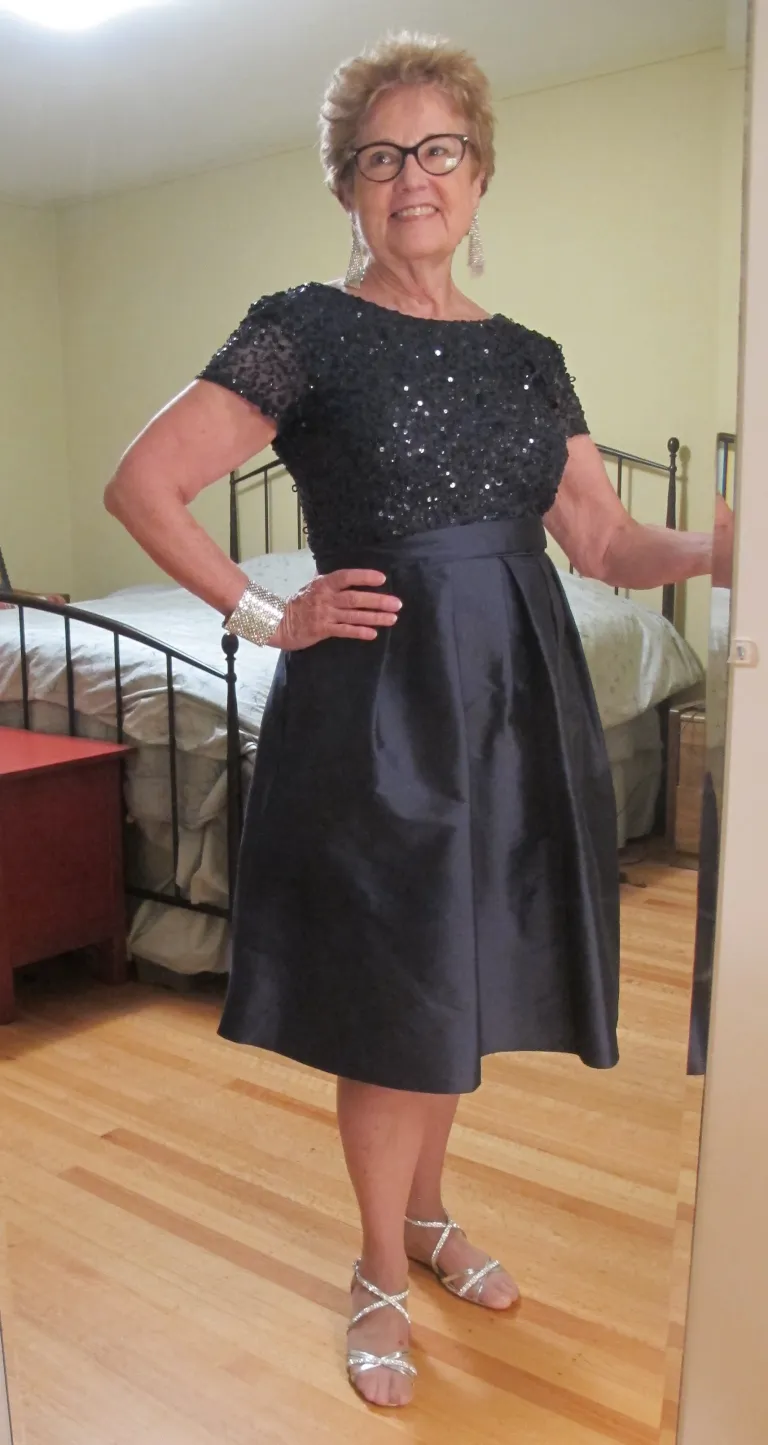 For my daughter's wedding, I decided to cut a Adrianna Papell ball gown off at the knees to wear to her daughter's wedding. Photo by Barbara Newhall