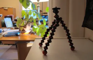 Bendable Joby table tripod to hold camera set up to take a photo in Barbara Falconer Newhall's writing room. Photo by Barbara Newhall