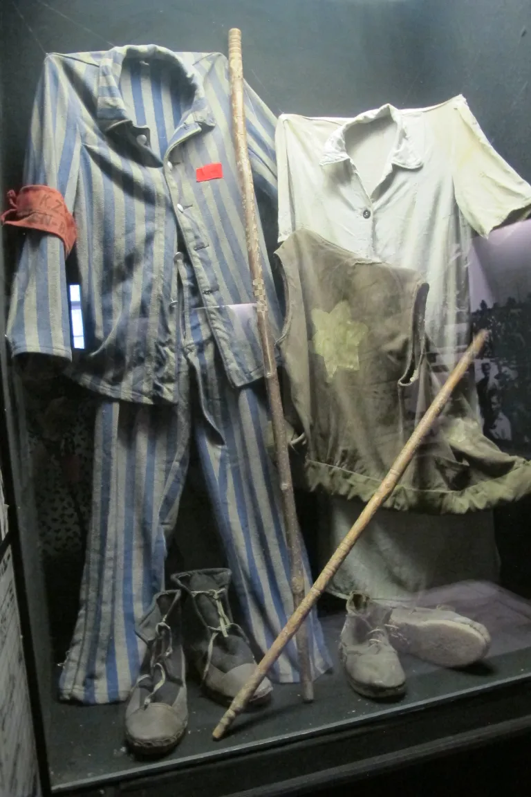 Auschwitz. Shoes and clothing worn by prisoners at Nazi concentration camps during World War II. On display at the Dohany Street Synagogue, Budapest. Photo by Barbara Newhall