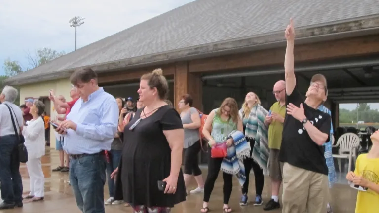 A totality disappointment: Eclipse chasers from around the world gathered in the Heritage Softball Park pavilion, St. Joseph, MO, to watch the 2017 total eclipse of the sun. Photo by Barbara Newhall