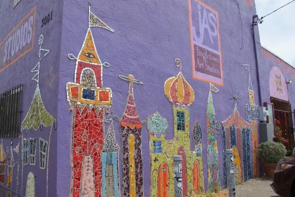 jingletown-oakland The facade of Jingletown Art Studios in Oakland, CA, is decorated with colorful mosaics of fanciful castles and towers. Photo by BF Newhall