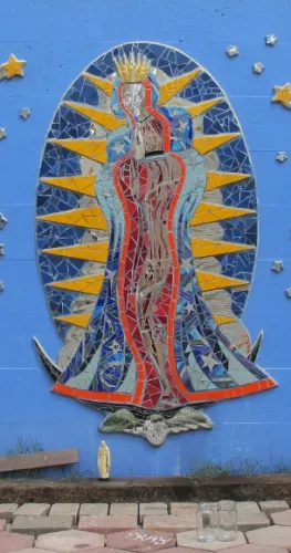 jingletown-guadalupe A mosaic depicting the Virgin of Guadalupe by Kim Larson. Jingletown, Oakland, CA. Photo by Barbara Falconer Newhall