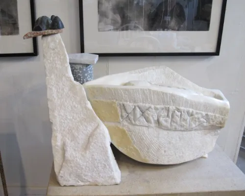 atricia Bengtson-Jones sculpture, "Good Luck to Future Friendships," white marble shapes. Photo by BF Newhall 