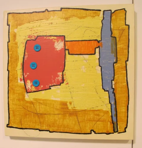An abstract painting by Berkeley, CA, painter Judy Seidel is half blue and half orange. Photo by BF Newhall
