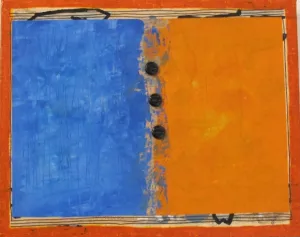 "Working It Out #4," a whimsical painting by Judy Seidel with blue streak and a red square with buttons. Photo by BF Newhall