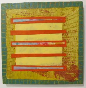 "Reconfigurations #3" is a painting in primary colors on three joined canvasses by Judy Seidel of Berkeley, CA. Photo courtesy of the artist.