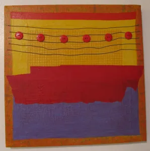 "Diptych," by Berkeley, CA, Painter, Judy Seidel is two jig-sawed pieces of wook painted abstractly with red, green and yellow shapes. Photo by BF Newhall