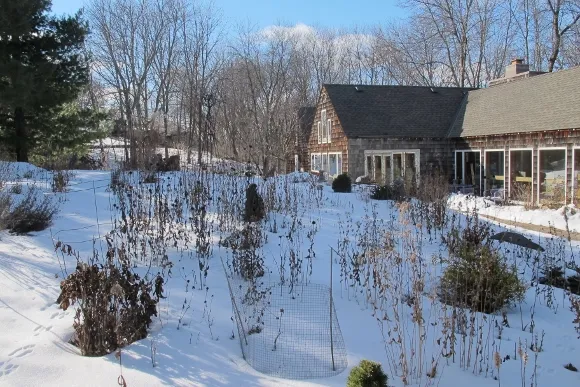 A Midwestern flower garden under six inches of snow in February with dead flower stalks and leaves. Photo by Barbara Newhall
