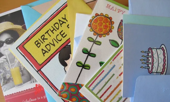 An array of commercial birthday cards for mailing. Photo by BarbaraNewhall