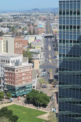 Tribune Tower views. On April 4, 2016, former employees of the Oakland, California, Tribune, had a wake in honor of the paper's last day of publication. Photos by Barbara Newhall. Looking north at San Pablo Avenue through Oakland, Berkeley, Albany toward the Albany Hill.