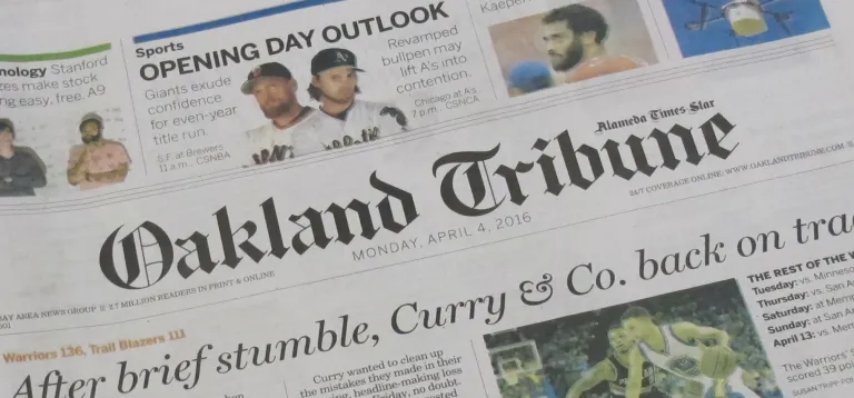 Name plate of the Oakland Tribune, with gothic lettering. On April 4, 2016, former employees of the Oakland, California, Tribune, had a wake in honor of the paper's last day of publication. Photos by Barbara Newhall