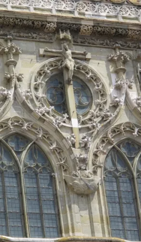Crucifixion of Jesus over the entrance to the Regensburg Cathedral in Germany. Photo by Barbara Newhall