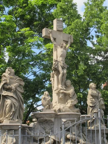 On the bridge at Bamberg. Crucifixion of Jesus surrounded by martyrs and apostles. Photo by Barbara Newhall