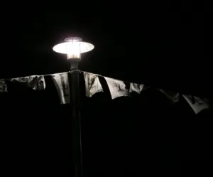 The white prayer flags of the THIRST temporary art installation at night. Photo by BF Newhall