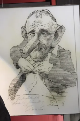 Cartoon of LBJ showing off his scar in the Johnson Presidential LIbrary in Austin, TX. Photo by BF Newhall
