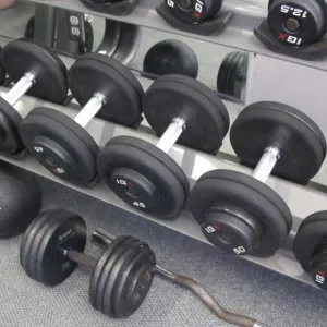 weight lifting. My son Peter Newhall, a man in his 30s, lifts dumbbells at the gym. Photo by Barbara Newhall