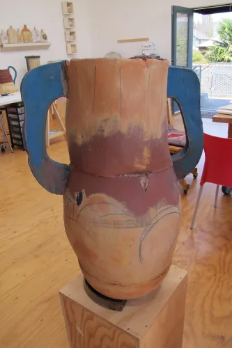 Nancy Selvin's large pot in honor of Helen Frankenthaler, terra cotta with pigment. Part of a new 2016 series honoring women painters. Photo by Barbara Newhall
