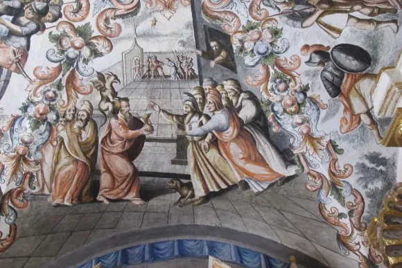 A ceiling mural at Atototnilco Sanctuary depicts the ignominious end of Judas Iscariot. Photo by BF Newhall