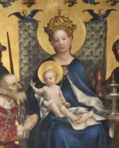 This Madonna painting of Jesus and Mary is housed in the Lady Chapel of the Cologne Cathedral. It is by Stefan Lochner, a local painter of the early 15th century. Photo by Barbara Newhall