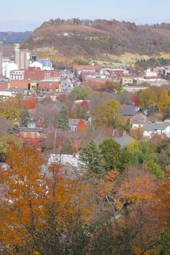 Fall colors in Red Wing, Minnesota, with a view of Barn Bluff. I searched for my ancestral ghosts in Red Wing this fall. Photo by Barbara
