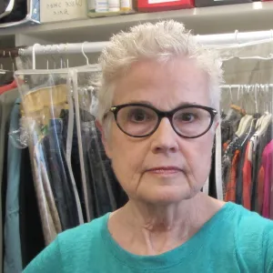 Barbara Falconer Newhall tries out her new hair color a turquoise shirt. Photo by Barbara Newhall
