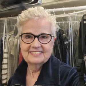 Author Barbara Falconer Newhall tries out her new hair color with a navy outfit. Photo by Barbara Newhall