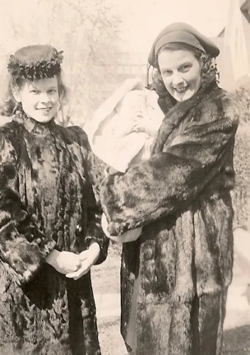 Tinka-Jim-Falconer-Toto-1945 Tinka-Falconer and her mother in fur coats w son Jim1945. Photo by DB Falconer.