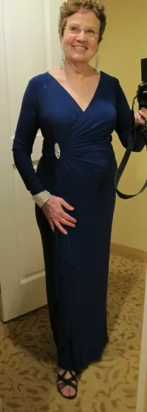 Writer Barbara Falconer Newhall wearing long purple knit gown & swarovsky jewelry for son's wedding. Photo by BF Newhall