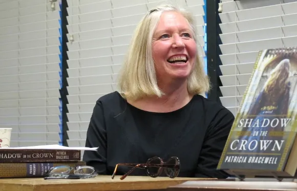 Patricia Bracewell, author of historical novel "Shadow on the Crown," speaking at Left Coast Writers meeting, Book Passage, corte madera, CA. Photo by BF Newhall