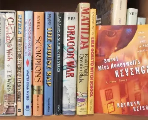 bookshelf with children's books, including one by Kathryn Reiss. photo by BF Newhal