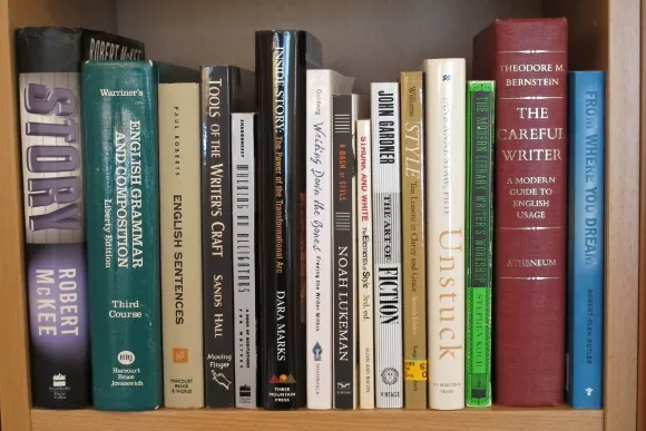 books on shelf by john gardener, sands hall, strunk and white, noah lukeman, robert mckee, theodore m bernstein, stephen koch, susan shaughnessy. Photo by Barbara Falconer Newhall