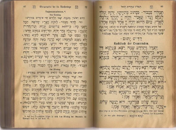 Pages in Hebrew and Aramaic from the Bleichrode Jewish prayer book published in 1923 in Franfurt. Photo by BF Newhall