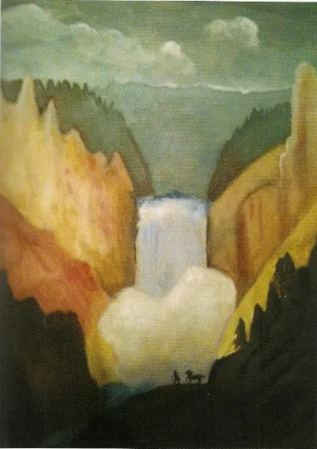 Waterfall painting in soft blues and tans for Kidspirit Online magzine by Eleanor Goetz. Art by Eleanor Goetz.